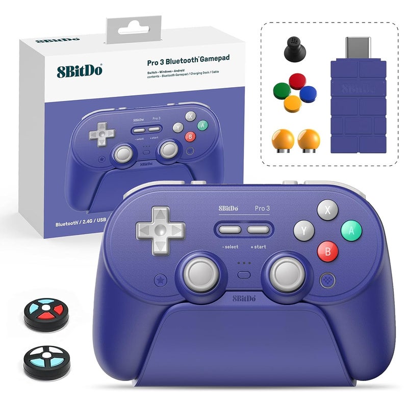 8Bitdo وحدة تحكم بلوتوث برو 3 مع عصي تحكم TMR، أزرار ABXY قابلة للتبديل، أزرار خلفية برو، قاعدة شحن، مشغلات تأثير هول لجهاز سويتش/سويتش 2، ويندوز، أبل، ستيم أو إس، أندرويد (أرجواني) - Image 1
